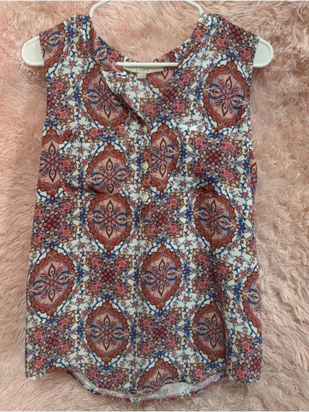 LOFT Sleeveless Printed V-Neck Blouse in White and Rust